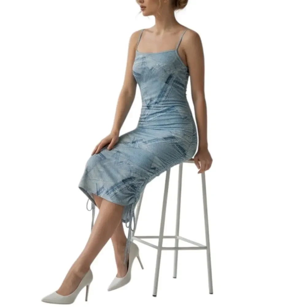 Good American Denim Print Stretch Midi Dress Ruched Coquette Size 1 - Picture 15 of 15